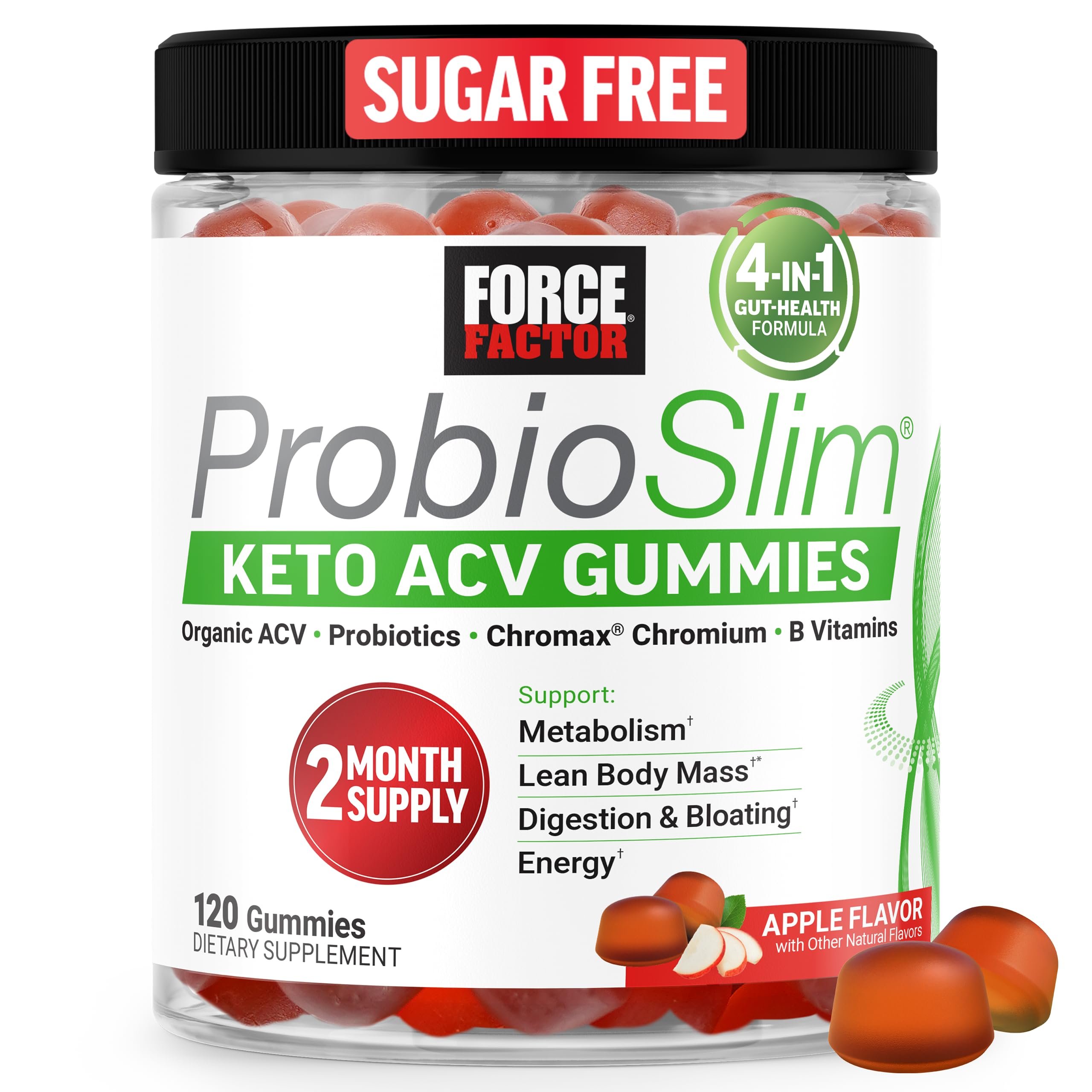 Force Factor ProbioSlim Keto ACV Metabolism Gummies, Organic Apple Cider Vinegar, LactoSpore Probiotics & Prebiotics to Support Digestion, Lean Body Mass, & Immune Health, Apple Flavor, 1 Carb, 120ct - Product Image