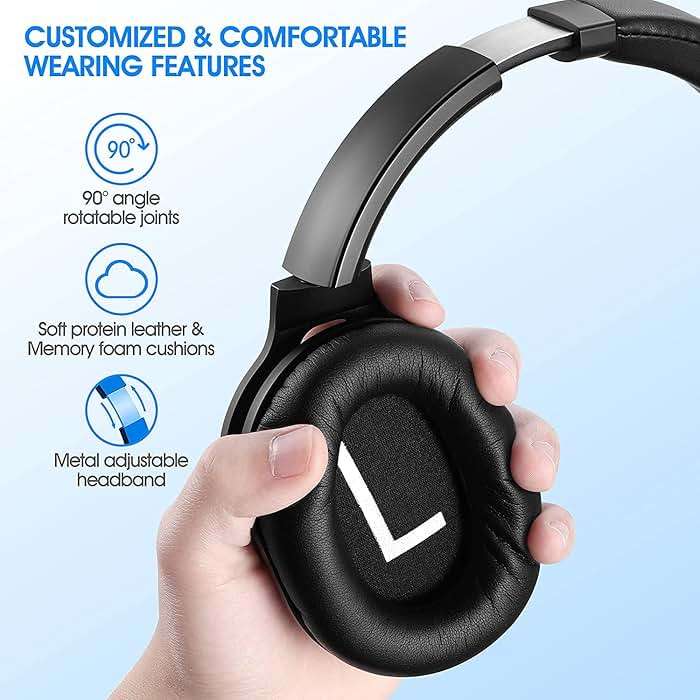 ZIHNIC Active Noise Cancelling Headphones, 40H Playtime Wireless Bluetooth Headset with Deep Bass Hi-Fi Stereo Sound,Comfortable Earpads for Travel/Home/Office (Black) - Image 3
