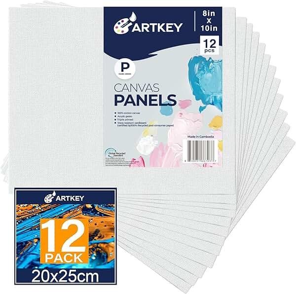 Artkey Canvas Boards for Painting 8x10 Inch 12 Pack, 10 oz Primed 100% Cotton White Blank Canvases for Painting, Art Supplies Paint Canvas Panels for Acrylic Oil Watercolor Tempera Paints - Product Image