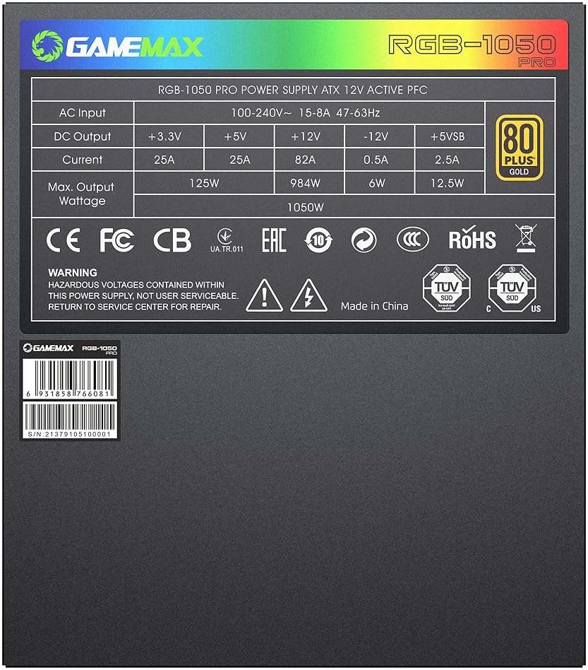 GAMEMAX 1050W ATX 3.0 & PCIE 5.0 Power Supply, 80+ Gold Certified, Addressable RGB Sync, Fully Modular ATX Gaming Power Supply, RGB-1050 - Image 8