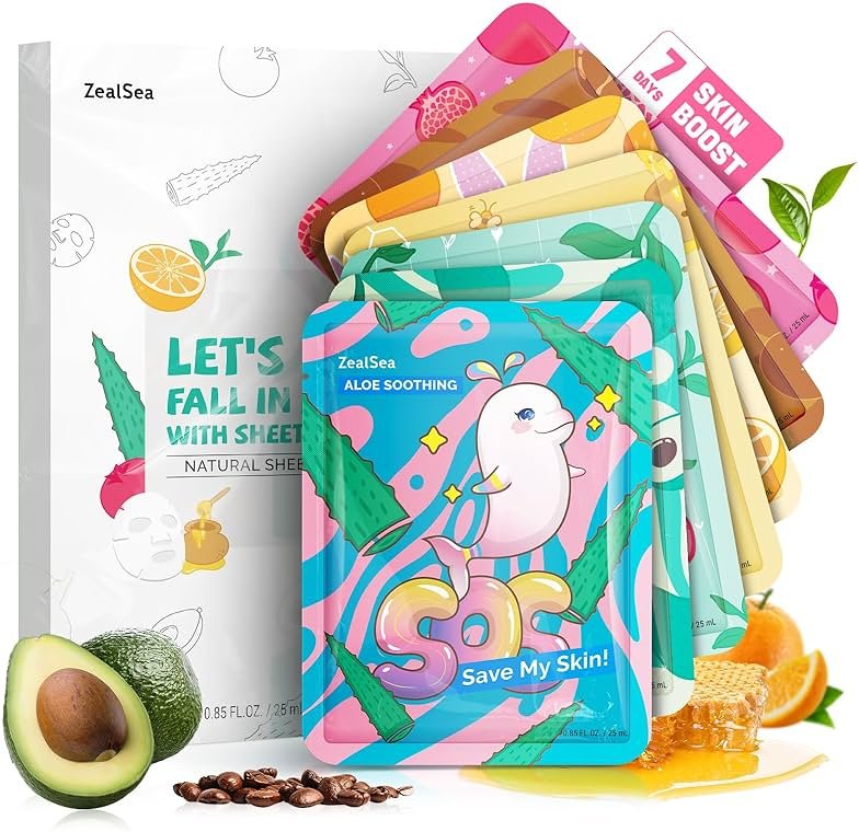 ZealSea Face Masks Skincare for Women, Variety 7Days Facial Sheet Mask Set for Deep Hydrating & Glow, Daily Self-Care Gift & Family Moment for Teens Kids Girls Birthday Party, Safe for all Skin types - Product Image