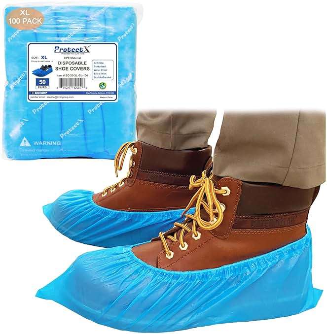 ProtectX Disposable Shoe & Boot Covers, XL Extra Large, 100-pack (50 pairs), Waterproof, Slip Resistant, Durable CPE plastic, Fits up to Men’s 14 US Size and All Women’s US Size Shoes - Image 1