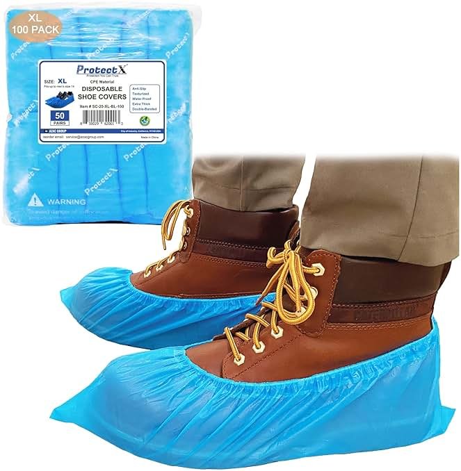 ProtectX Disposable Shoe & Boot Covers, XL Extra Large, 100-pack (50 pairs), Waterproof, Slip Resistant, Durable CPE plastic, Fits up to Men’s 14 US Size and All Women’s US Size Shoes - Product Image