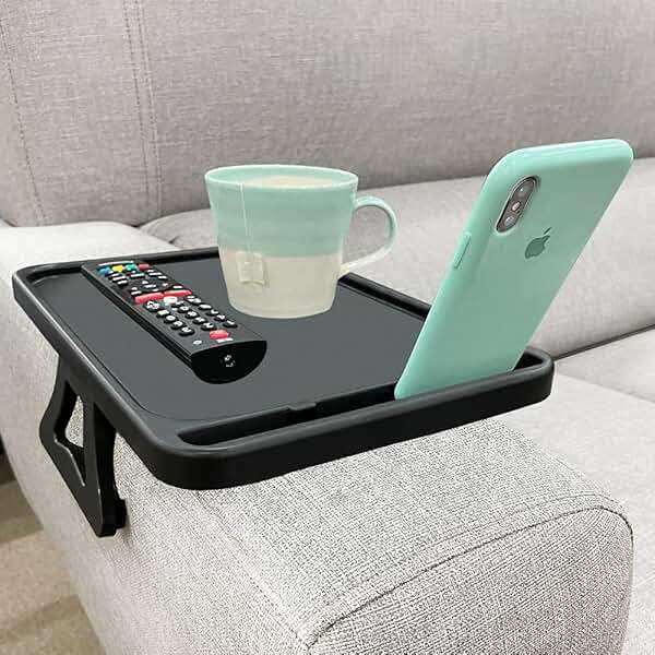 Xchouxer Sofa Armrest Clip Table, TV Snack Tray, Handy Remote Controls/Drinks/Phone Holder (Black) - Image 2