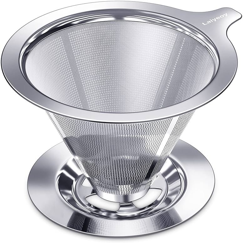 Laiyeoy Pour Over Coffee Dripper, Slow Drip Paperless Coffee Filter, Stainless Steel Pour Over Coffee Maker for Single Cup Brew, Double Mesh Design of Manual Reusable Cone Filter. - Product Image