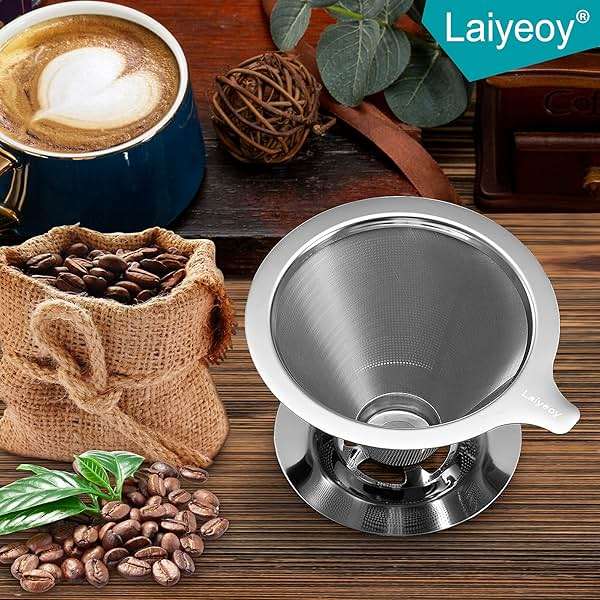 Laiyeoy Pour Over Coffee Dripper, Slow Drip Paperless Coffee Filter, Stainless Steel Pour Over Coffee Maker for Single Cup Brew, Double Mesh Design of Manual Reusable Cone Filter. - Image 2