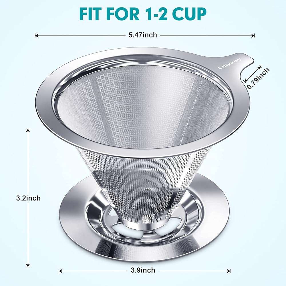 Laiyeoy Pour Over Coffee Dripper, Slow Drip Paperless Coffee Filter, Stainless Steel Pour Over Coffee Maker for Single Cup Brew, Double Mesh Design of Manual Reusable Cone Filter. - Image 3