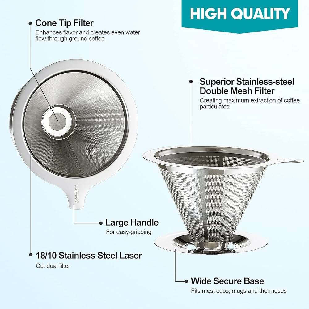 Laiyeoy Pour Over Coffee Dripper, Slow Drip Paperless Coffee Filter, Stainless Steel Pour Over Coffee Maker for Single Cup Brew, Double Mesh Design of Manual Reusable Cone Filter. - Image 4