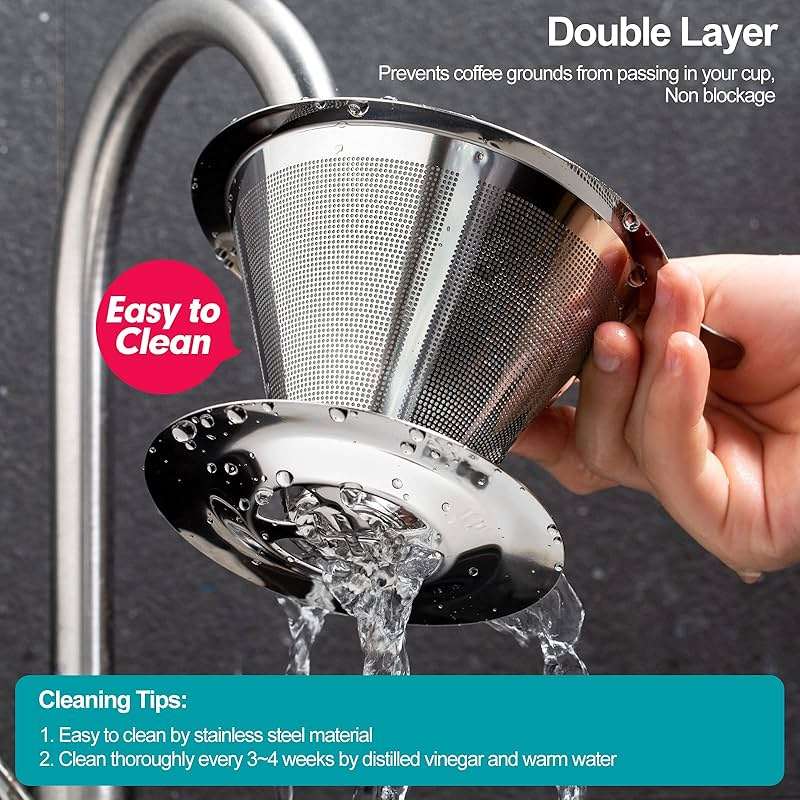 Laiyeoy Pour Over Coffee Dripper, Slow Drip Paperless Coffee Filter, Stainless Steel Pour Over Coffee Maker for Single Cup Brew, Double Mesh Design of Manual Reusable Cone Filter. - Image 6