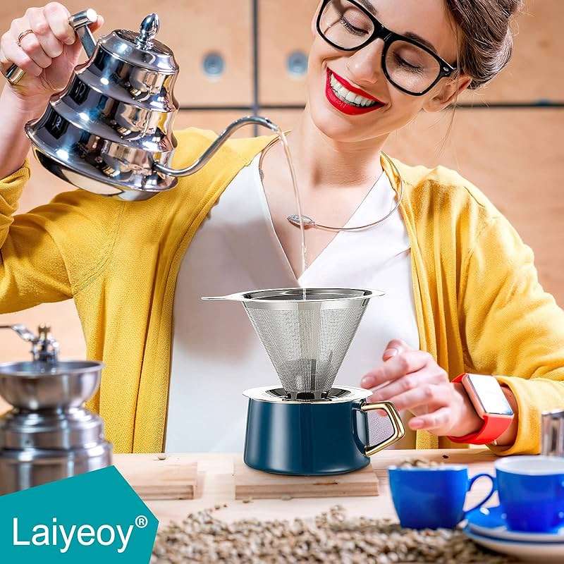 Laiyeoy Pour Over Coffee Dripper, Slow Drip Paperless Coffee Filter, Stainless Steel Pour Over Coffee Maker for Single Cup Brew, Double Mesh Design of Manual Reusable Cone Filter. - Image 7
