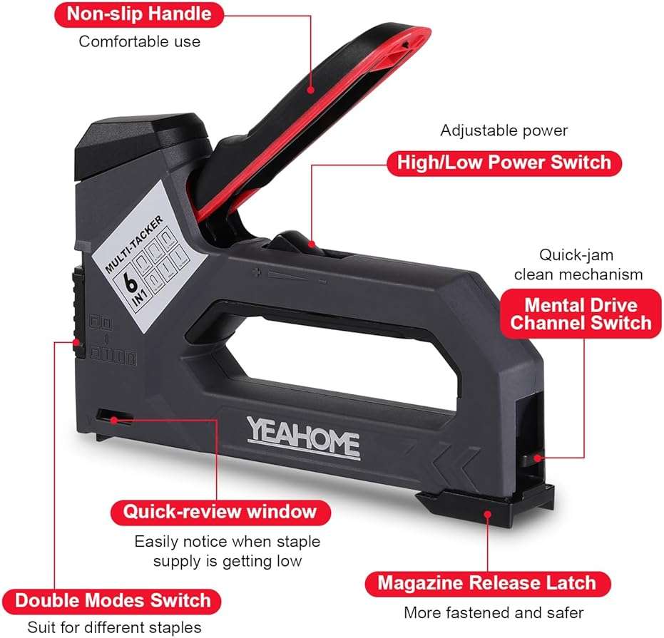 YEAHOME 6-in-1 Staple Gun Heavy Duty, Upholstery Manual Brad Nailer Power Adjustment Stapler Gun with 5000 Staples for Fixing Material, Wood, Crafts, Carpentry, Decoration DIY - Image 2