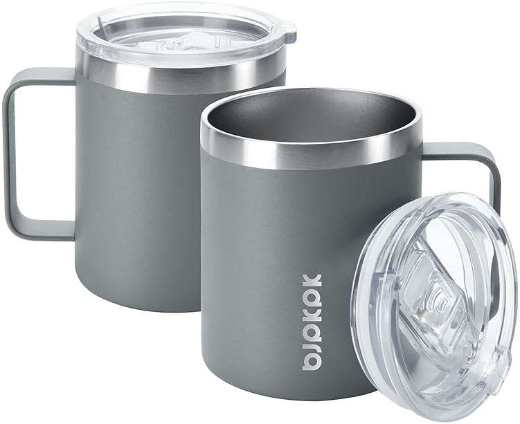 BJPKPK 2 pcs Insulated Coffee Mug, 14oz Insulated Tumbler with Lid, Stainless Steel Coffee Cups with Splash Proof Lid-Gray - Image 1
