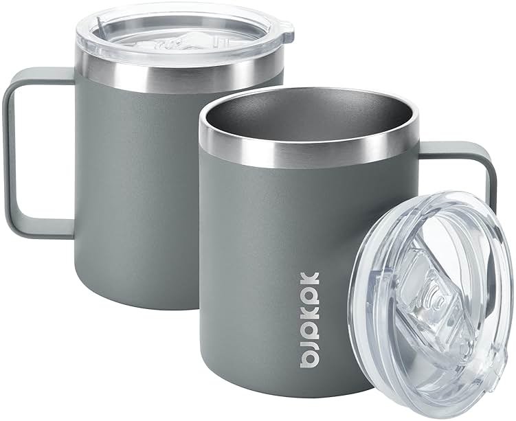 BJPKPK 2 pcs Insulated Coffee Mug, 14oz Insulated Tumbler with Lid, Stainless Steel Coffee Cups with Splash Proof Lid-Gray - Product Image