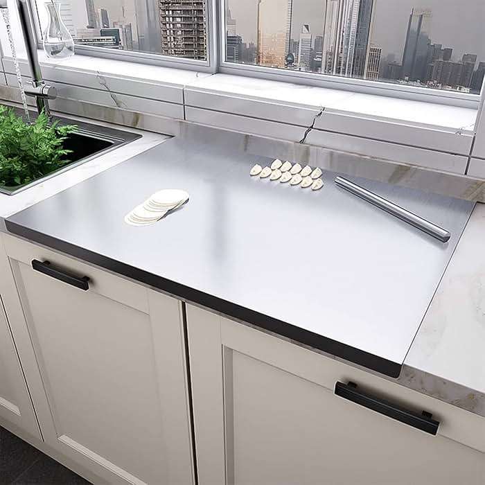 31.5”x 19.7” Stainless Steel Chopping Board with Lip, Large Steel Cutting Board with Rolling Pin, Metal Noodle Board Pastry Board Kneading Dough Board Stove Top Cutting Board for Kitchen - Image 1