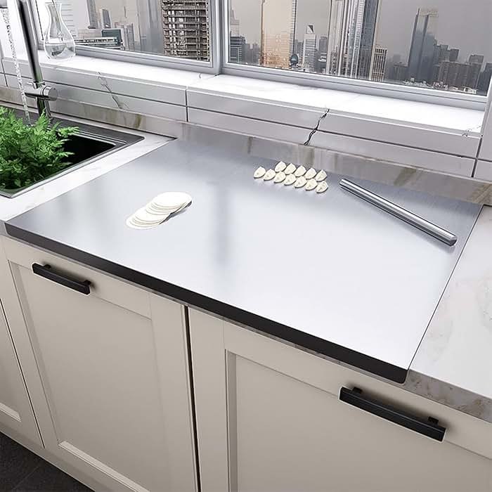 31.5”x 19.7” Stainless Steel Chopping Board with Lip, Large Steel Cutting Board with Rolling Pin, Metal Noodle Board Pastry Board Kneading Dough Board Stove Top Cutting Board for Kitchen - Product Image