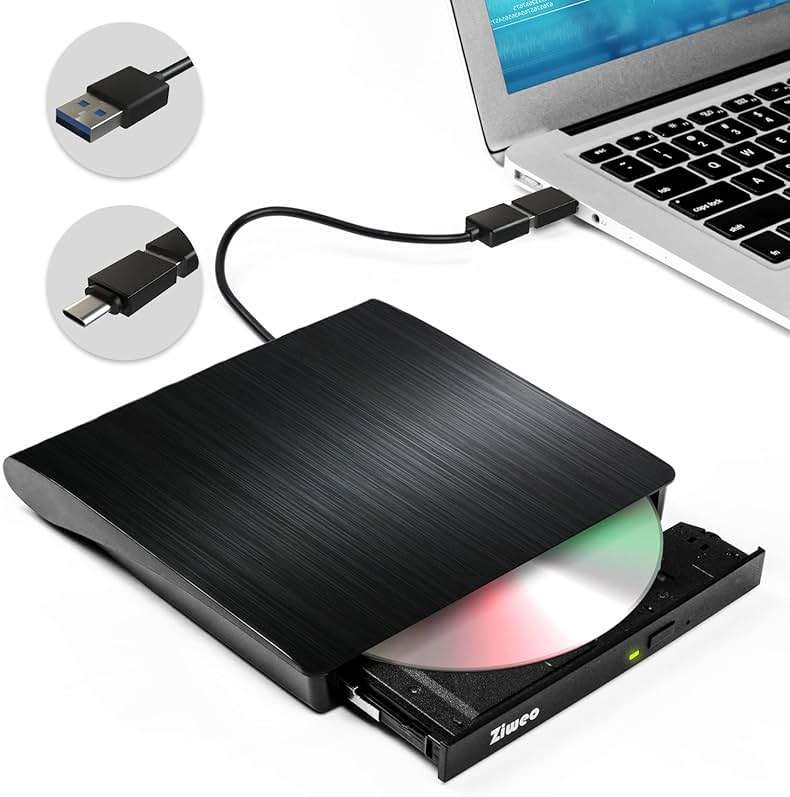 Ziweo External CD DVD Drive, Portable USB 3.0 Type-C CD Burner CD +/-RW Drive DVD Player for ROM Rewriter Burner Compatible with Laptop Desktop PC Windows MacBook Linux Mac OS - Image 1