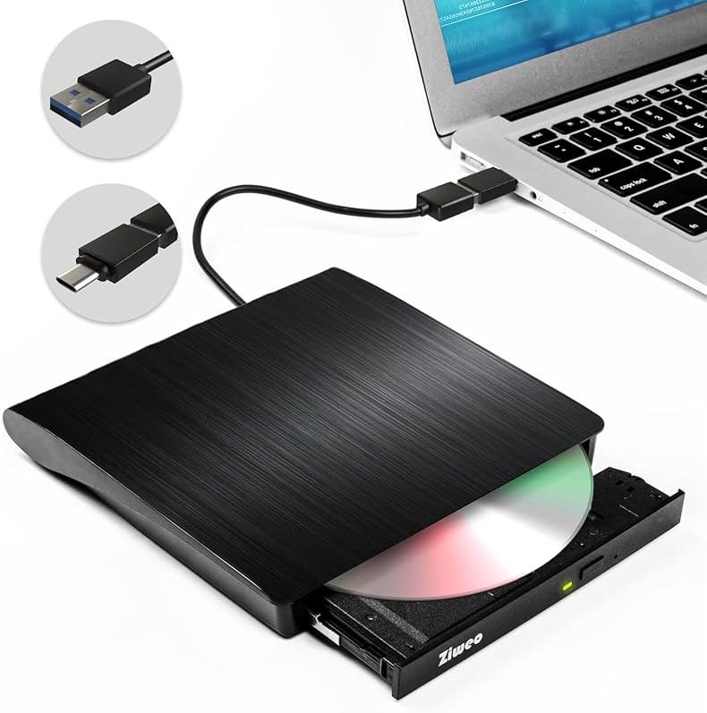 Ziweo External CD DVD Drive, Portable USB 3.0 Type-C CD Burner CD +/-RW Drive DVD Player for ROM Rewriter Burner Compatible with Laptop Desktop PC Windows MacBook Linux Mac OS - Product Image