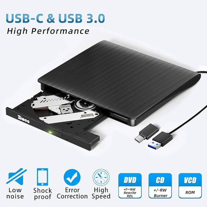 Ziweo External CD DVD Drive, Portable USB 3.0 Type-C CD Burner CD +/-RW Drive DVD Player for ROM Rewriter Burner Compatible with Laptop Desktop PC Windows MacBook Linux Mac OS - Image 2