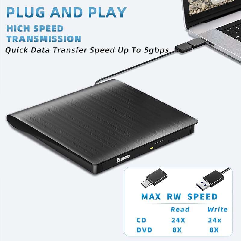 Ziweo External CD DVD Drive, Portable USB 3.0 Type-C CD Burner CD +/-RW Drive DVD Player for ROM Rewriter Burner Compatible with Laptop Desktop PC Windows MacBook Linux Mac OS - Image 3