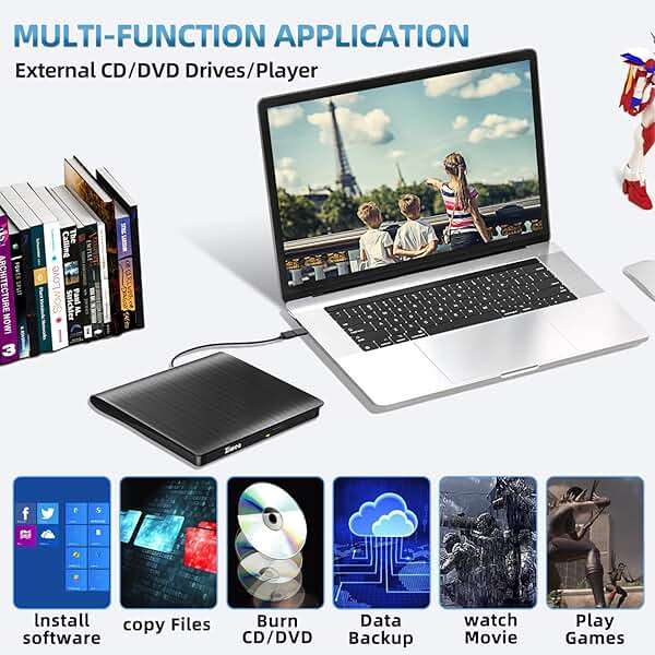 Ziweo External CD DVD Drive, Portable USB 3.0 Type-C CD Burner CD +/-RW Drive DVD Player for ROM Rewriter Burner Compatible with Laptop Desktop PC Windows MacBook Linux Mac OS - Image 6