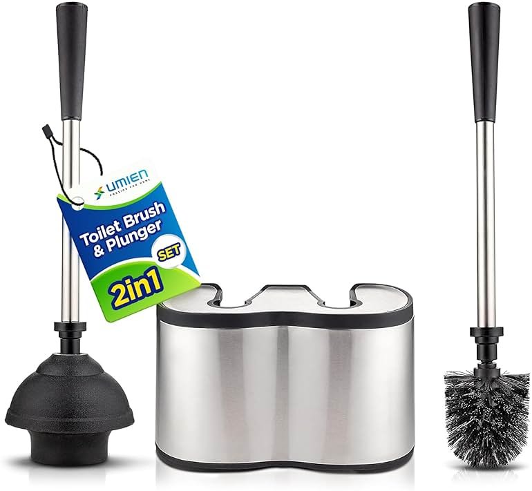 UMIEN Toilet Brush and Plunger Set 18-in - Updated 2025 No-Rust - Stainless Steel Design - Long Handles - with Freestanding Canister - Product Image