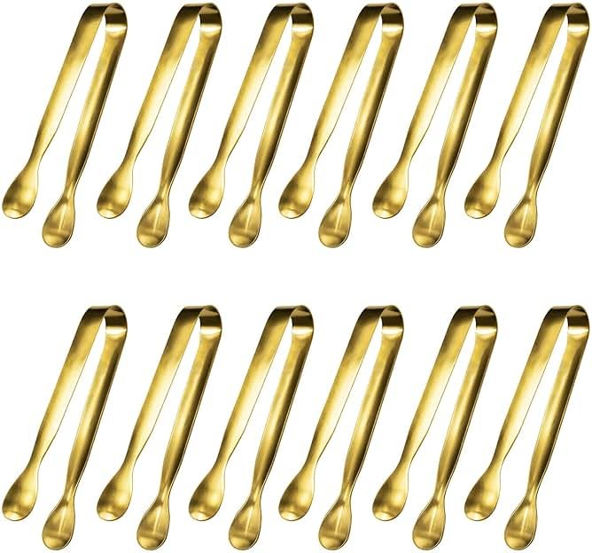 JCREN 12 Pcs Serving Tongs, Small Serving Utensils for Parties Catering Gold Tongs, Food-Grade 304 Stainless Steel Mini Appetizer Tongs for Tea Party Coffee Bar, 4 Inches - Gold - Product Image