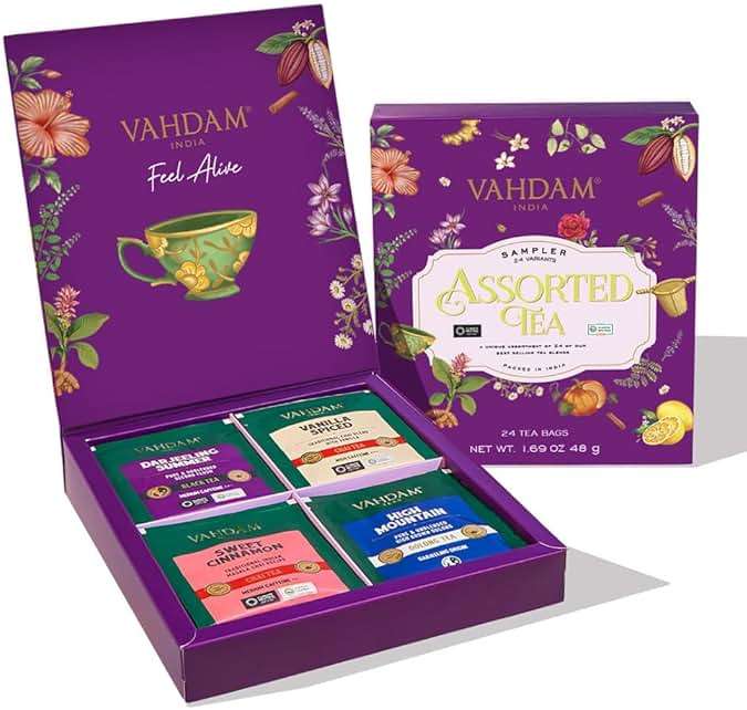 VAHDAM Fathers Day Gift for Dad & Husband | Assorted Tea Gift Set Presentation Box (24 Variants, 24 Pyramid Tea Bags) Long Leaf Variety Pack | Premium Fathers Day Tea Gifts for Men & Women - Image 1