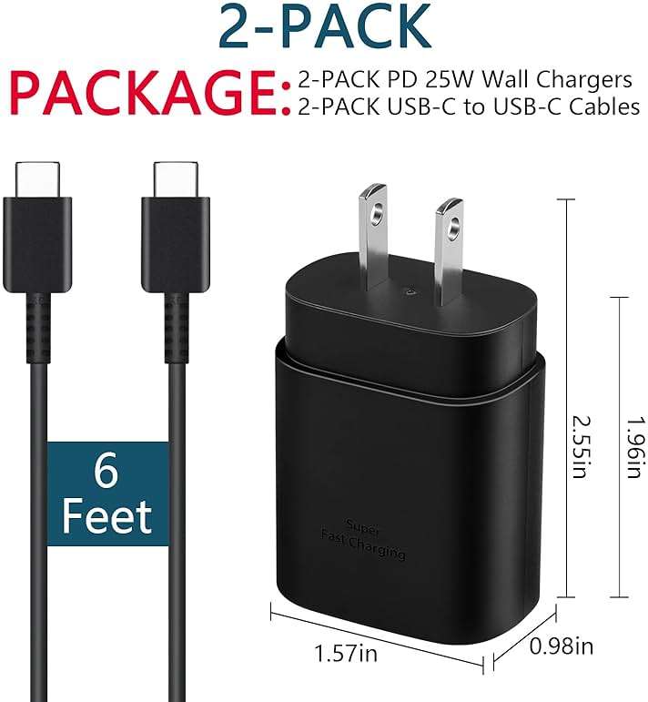 AISNI USB C Charger, 2 Pack 25W Type C Charger Fast Charging with USBC Chargers Cable 6 FT Android Phone Charge for Galaxy S25/ /S24/S23+/S22/S21/S20/Phone 17 16 15 Pro Max 16 15 Plus-Black - Image 8