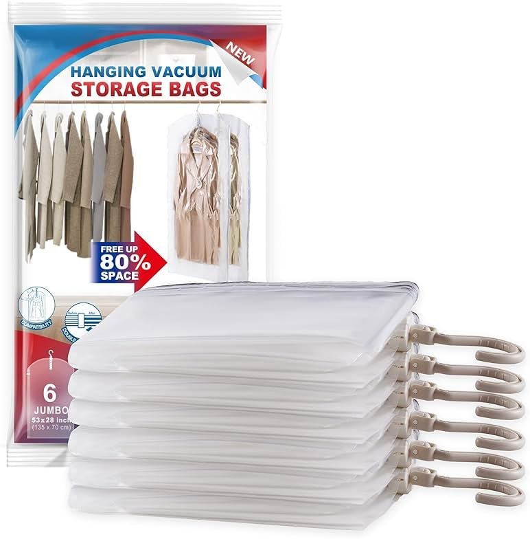 Hanging Vacuum Storage Bags, 6 Pack Large Hanging Vacuum Seal Garment Bags for Clothing, Space Saver for Clothes, Suits, Dresses, Jackets, Clothing Storage for Moving Supplies(6 Long) - Product Image