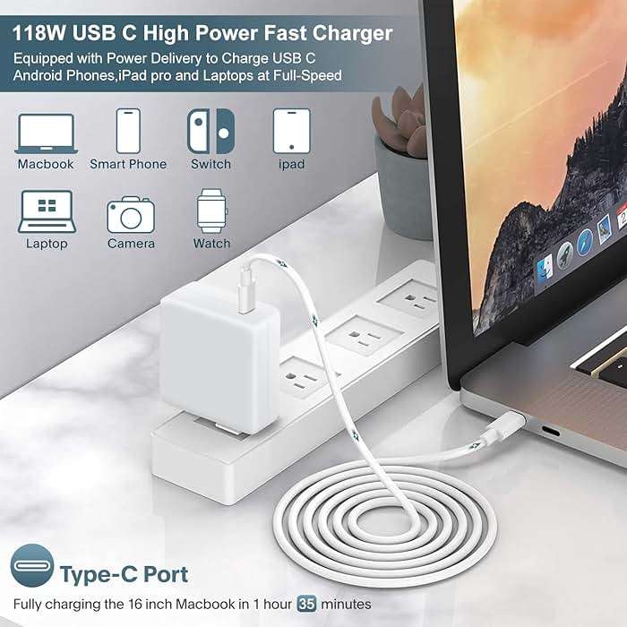 Mac Book Pro Charger - 118W USB C Charger Fast Charger Compatible with MacBook Pro/Air, M1 M2 M3 M4 M5, iPad Pro, Samsung Galaxy, and More USB-C Devices(6.6 ft Cable Included) - Image 2