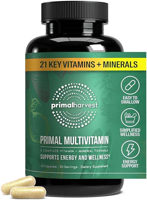 Primal Harvest Primal Multivitamin - Daily Multi-Vitamin Supplement with 21 Essential Vitamins & Minerals for Women & Men - Vitamin A, C, D, E, B12, B6, Biotin, Folic Acid, Zinc, Copper & Selenium - Image 1