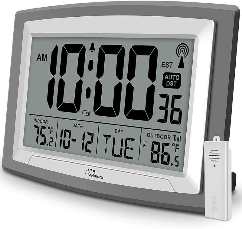 WallarGe Atomic Clock with Outdoor and Indoor Temperature - 12.5 Inch Self-Setting Digital Clock Large Display, Battery Operated Wall Clocks or Desk Clocks for Bedroom, Livingroom, Office - Image 1