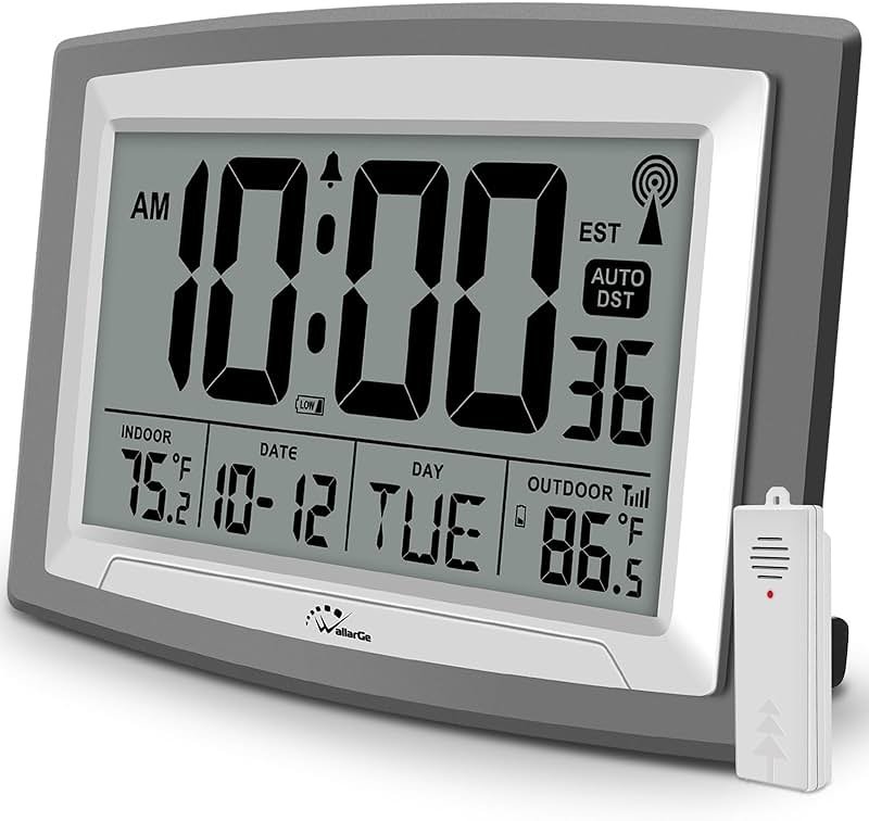 WallarGe Atomic Clock with Outdoor and Indoor Temperature - 12.5 Inch Self-Setting Digital Clock Large Display, Battery Operated Wall Clocks or Desk Clocks for Bedroom, Livingroom, Office - Product Image