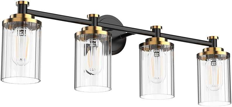 PHIXART Bathroom Lighting Fixtures Black and Brass Bathroom Vanity Light with Cylindrical Clear Stripes Glass Lampshade E26 Socket Base Bathroom Lighting Fixtures Over Mirror (4 Lights) - Image 1
