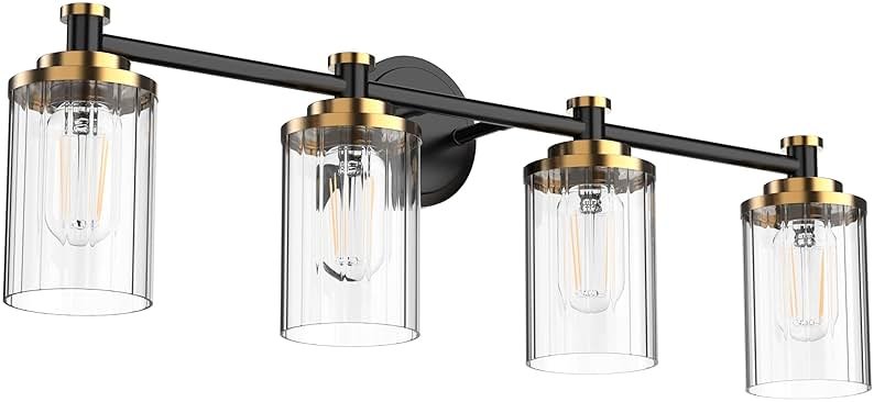 PHIXART Bathroom Lighting Fixtures Black and Brass Bathroom Vanity Light with Cylindrical Clear Stripes Glass Lampshade E26 Socket Base Bathroom Lighting Fixtures Over Mirror (4 Lights) - Product Image
