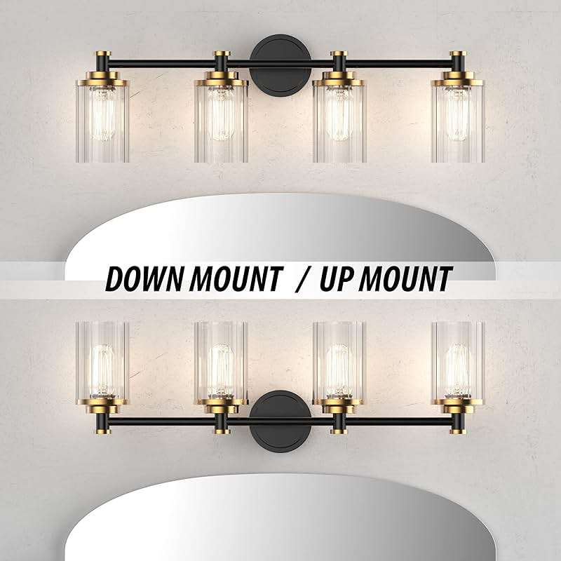 PHIXART Bathroom Lighting Fixtures Black and Brass Bathroom Vanity Light with Cylindrical Clear Stripes Glass Lampshade E26 Socket Base Bathroom Lighting Fixtures Over Mirror (4 Lights) - Image 7