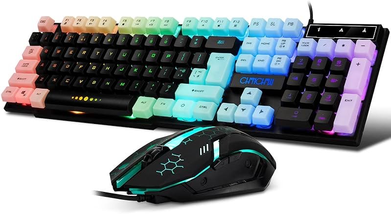 CHONCHOW Gaming Keyboard and Mouse Combo,USB Wired 104-Keys Full Size Light Up Keyboard Mic 3600DPI Rainbow Backlit Mechanical Feeling Compatible with PC Xbox Mac OS Game and Work - Product Image