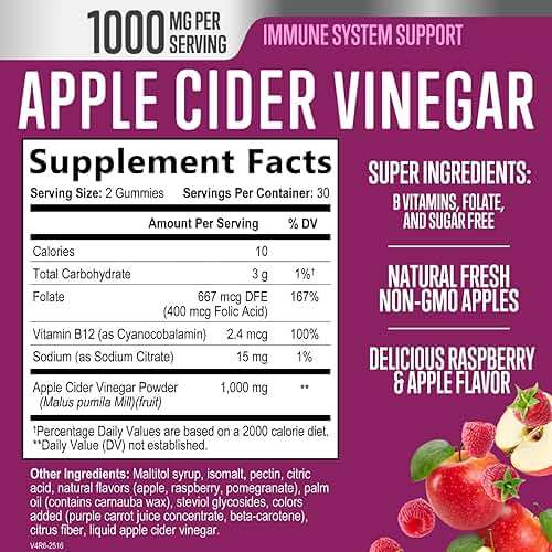 Apple Cider Vinegar Gummies 1000mg per Serving - Sugar Free Max Strength ACV Gummy Vitamins Supplement, Advanced Formula, Vitamin B12 Supports Metabolism & Energy, Keto Friendly, Vegan, 60 Gummies - Image 2