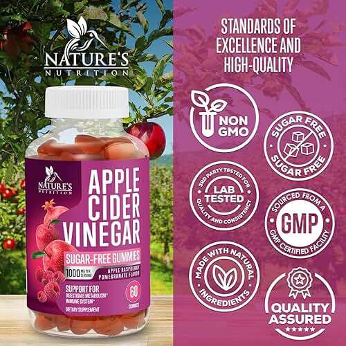 Apple Cider Vinegar Gummies 1000mg per Serving - Sugar Free Max Strength ACV Gummy Vitamins Supplement, Advanced Formula, Vitamin B12 Supports Metabolism & Energy, Keto Friendly, Vegan, 60 Gummies - Image 4
