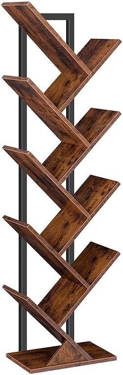 HOOBRO Tree Bookshelf, 9-Tier Bookcase Wooden Shelves, Floor Standing Storage Rack, for Display of CDs, Books in Living Room, Home Office, Wood Storage Rack for Bedroom, Rustic Brown BF08SJ01G1 - Product Image