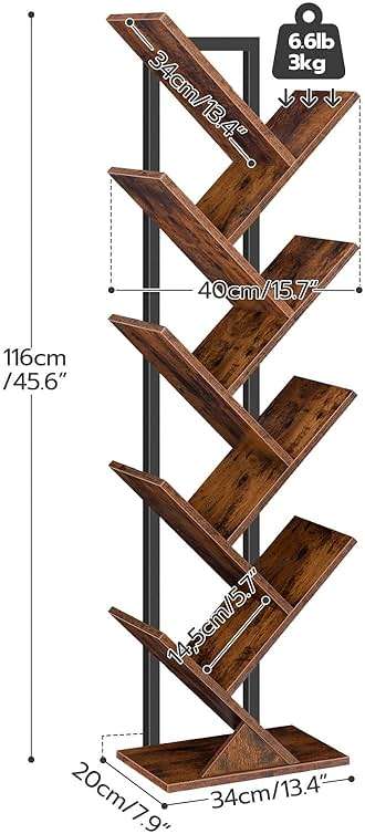 HOOBRO Tree Bookshelf, 9-Tier Bookcase Wooden Shelves, Floor Standing Storage Rack, for Display of CDs, Books in Living Room, Home Office, Wood Storage Rack for Bedroom, Rustic Brown BF08SJ01G1 - Image 3