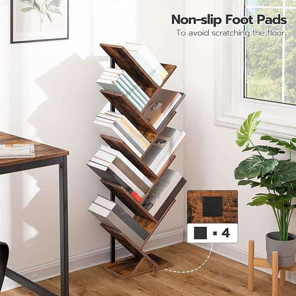 HOOBRO Tree Bookshelf, 9-Tier Bookcase Wooden Shelves, Floor Standing Storage Rack, for Display of CDs, Books in Living Room, Home Office, Wood Storage Rack for Bedroom, Rustic Brown BF08SJ01G1 - Image 4