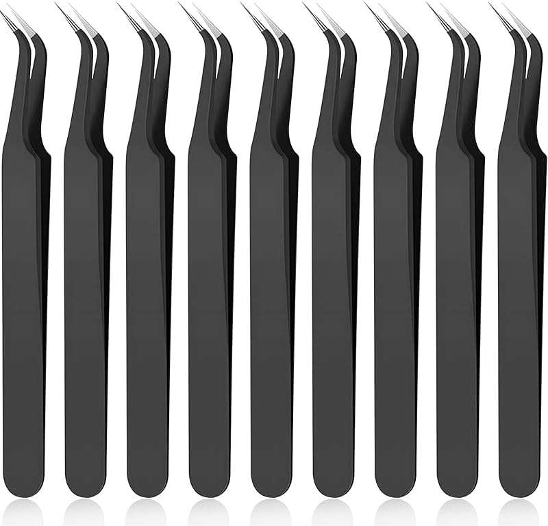 Honoson 9 Pieces Curved Pointed Craft Tweezers Stainless Steel Precision Tweezer with Protective Cover for Rhinestones Dried Flowers Craft Stickers Eyelash Extension Jewelry Making(Black) - Image 1