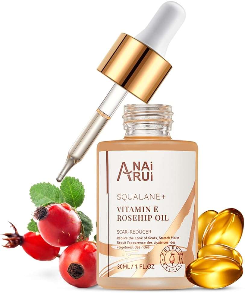 ANAI RUI Squalane + Vitamin E Rosehip Oil Moisturizer for Face,Hair,Skin& Nail Hydrate, Reduce Scars and Stretch Marks, Wrinkles for Smoother, Softer Skin 1 fl. Oz - Image 1