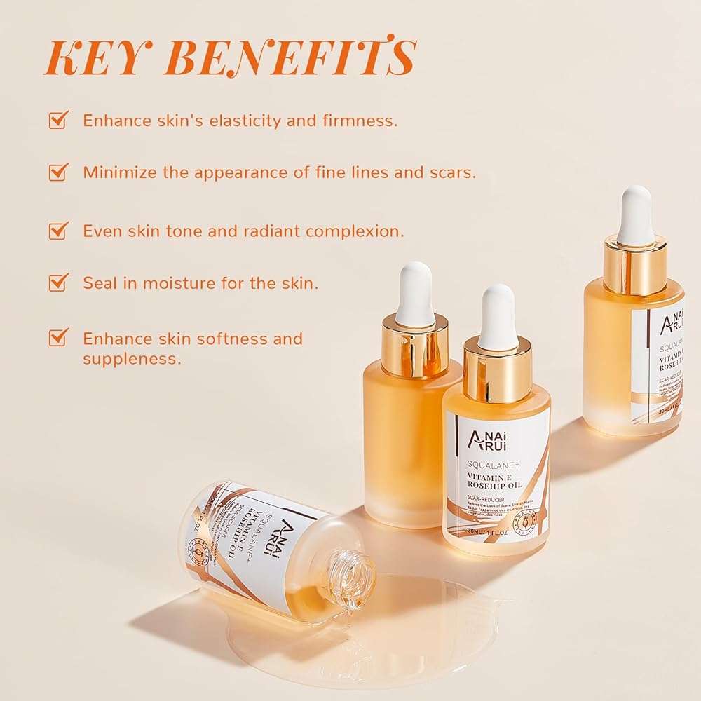 ANAI RUI Squalane + Vitamin E Rosehip Oil Moisturizer for Face,Hair,Skin& Nail Hydrate, Reduce Scars and Stretch Marks, Wrinkles for Smoother, Softer Skin 1 fl. Oz - Image 2