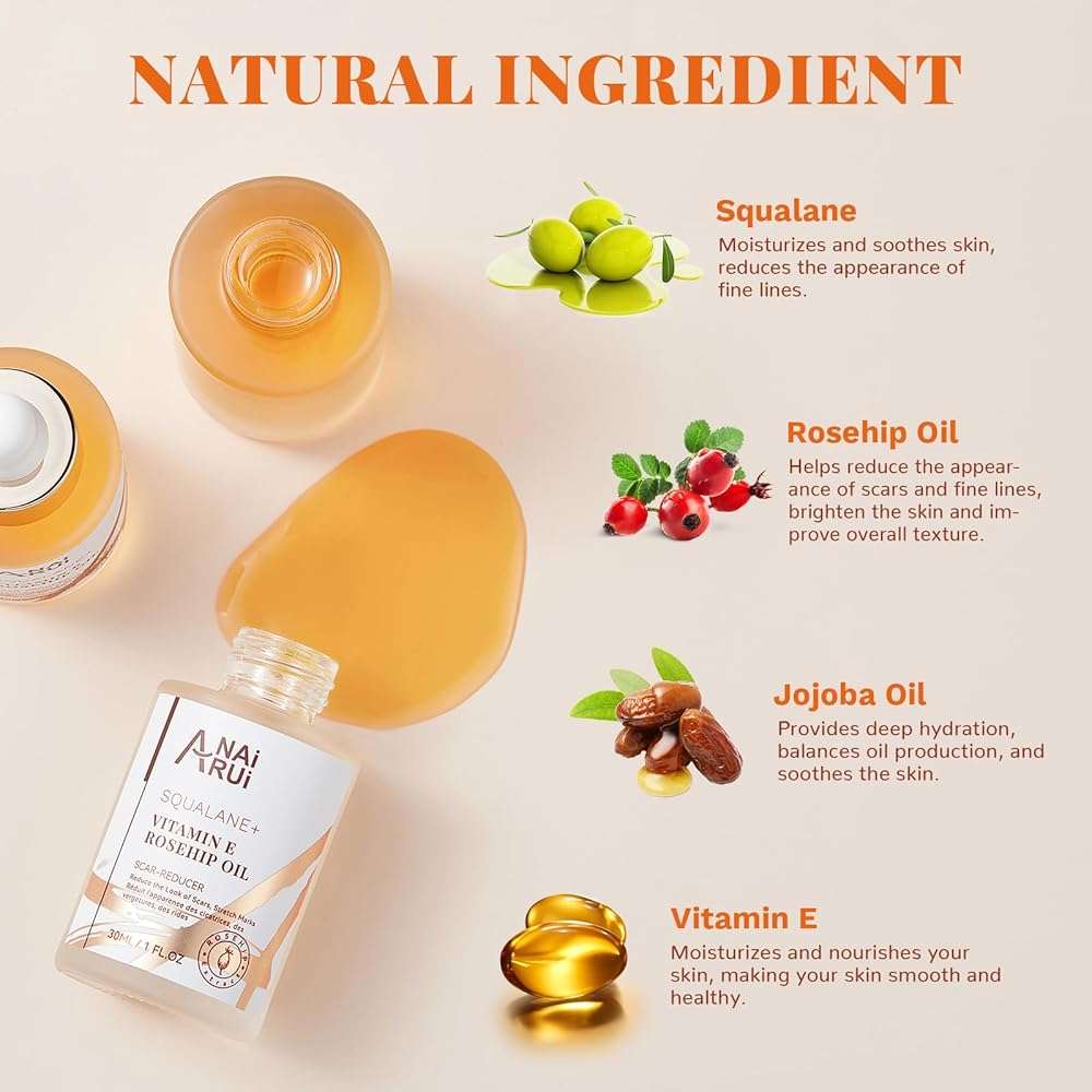 ANAI RUI Squalane + Vitamin E Rosehip Oil Moisturizer for Face,Hair,Skin& Nail Hydrate, Reduce Scars and Stretch Marks, Wrinkles for Smoother, Softer Skin 1 fl. Oz - Image 3