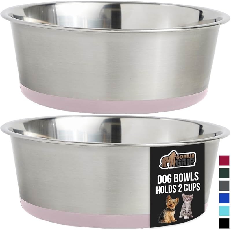 GORILLA GRIP Dog Bowls, Food Grade 304 Stainless Steel, Holds 2 Cups Each (16 fl oz) Food and Water Bowl for Feeding Dogs and Cats, Dishwasher Safe, Rust Resistant, BPA Free Rubber Base Set of 2 Pink - Product Image