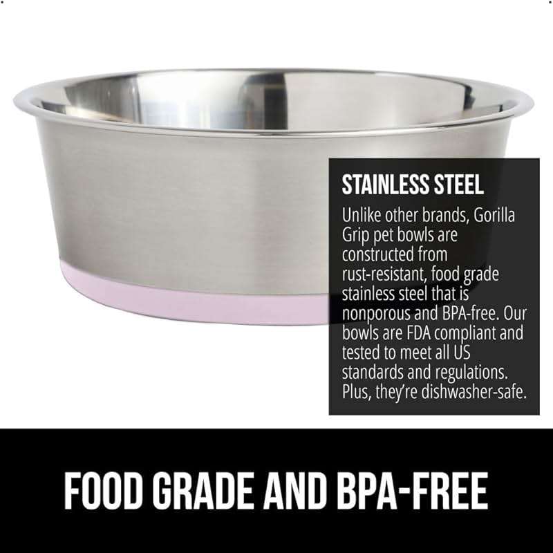GORILLA GRIP Dog Bowls, Food Grade 304 Stainless Steel, Holds 2 Cups Each (16 fl oz) Food and Water Bowl for Feeding Dogs and Cats, Dishwasher Safe, Rust Resistant, BPA Free Rubber Base Set of 2 Pink - Image 3