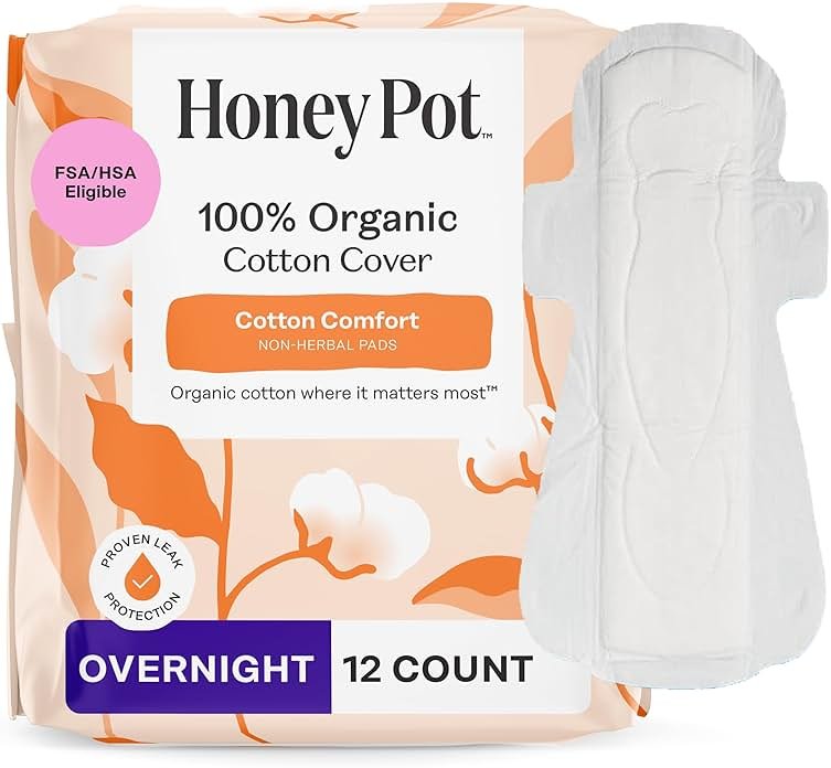 The Honey Pot Company - Sanitary Pads for Women - Non-Herbal Overnight w/Wings - Organic Cotton Cover, & Ultra-Absorbent Pulp Core - Feminine Care - 12 ct - Product Image