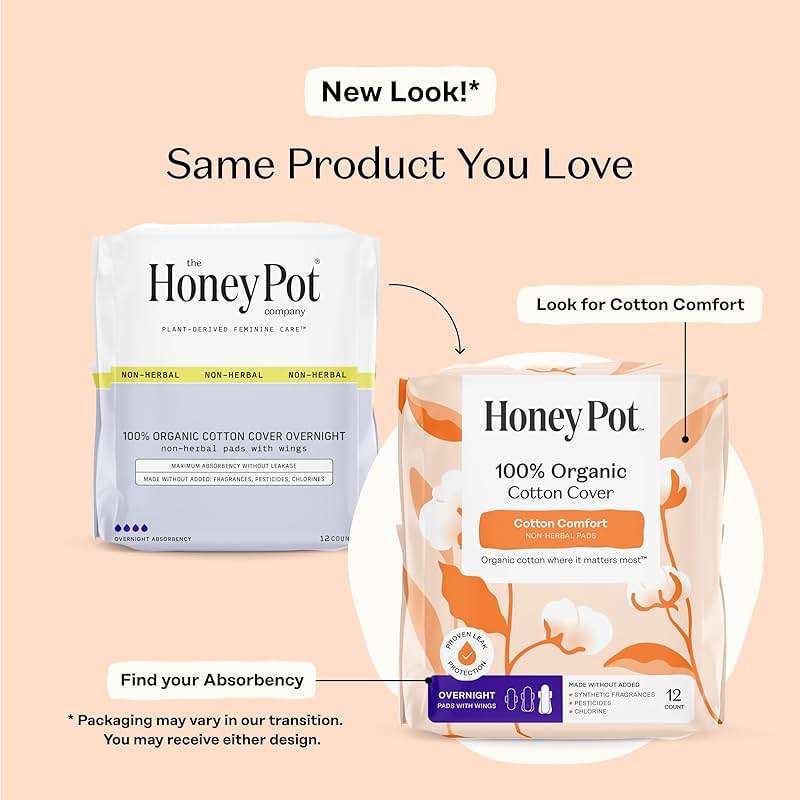 The Honey Pot Company - Sanitary Pads for Women - Non-Herbal Overnight w/Wings - Organic Cotton Cover, & Ultra-Absorbent Pulp Core - Feminine Care - 12 ct - Image 2